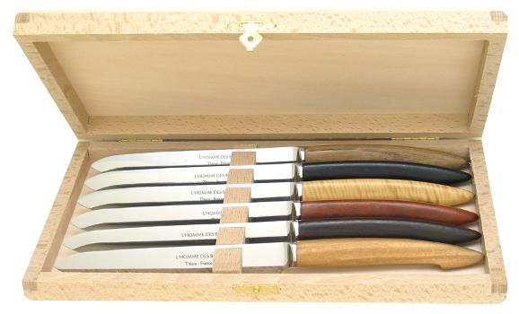 Coffret de 6 couteaux table manches bois différents