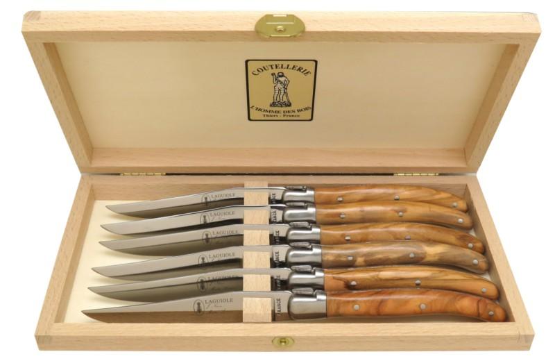 Coffret de 6 couteaux Laguiole de table en olivier