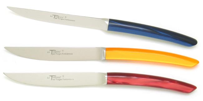 COFFRET 6 COUTEAUX DE TABLE LE THIERS® BLEU ORANGE ROUGE LAME INOX FORGEE - TRANCHANT MICRODENTE