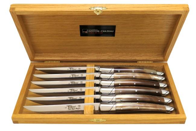 COFFRET 6 COUTEAUX DE TABLE LE THIERS® GOYON CHAZEAU GAMME FORGEE - MANCHE EN POINTE DE CORNE BLONDE