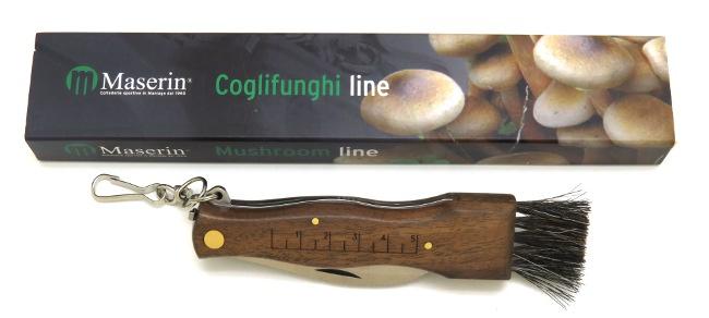 COUTEAU A CHAMPIGNONS HAUT DE GAMME MASERIN EN NOYER MANCHE 11,5  CM AVEC BROSSE - MOUSQUETON ET PINCETTES