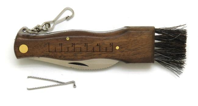 COUTEAU A CHAMPIGNONS HAUT DE GAMME MASERIN EN NOYER MANCHE 11,5  CM AVEC BROSSE - MOUSQUETON ET PINCETTES