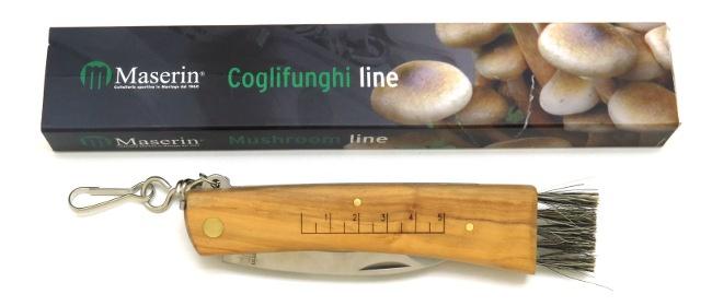 COUTEAU A CHAMPIGNONS HAUT DE GAMME EN OLIVIER MANCHE 12,5  CM AVEC BROSSE - MOUSQUETON ET PINCETTES
