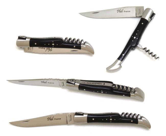 COUTEAU LAGUIOLE AVEC TIRE-BOUCHON EN BOIS D' EBENE COUTEAU LAGUIOLE ARTISANAL - 2 MITRES INOX - MANCHE 12 CM