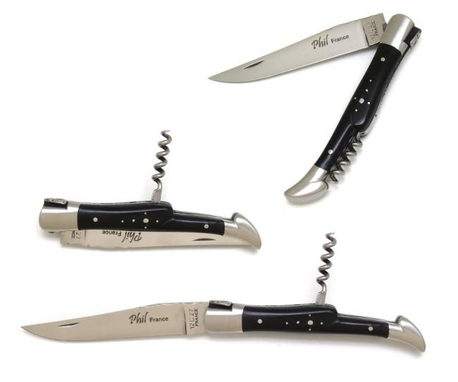 COUTEAU LAGUIOLE AVEC TIRE-BOUCHON EN BOIS D' EBENE COUTEAU LAGUIOLE ARTISANAL - 2 MITRES INOX - MANCHE 12 CM