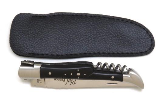 COUTEAU LAGUIOLE AVEC TIRE-BOUCHON EN BOIS D' EBENE COUTEAU LAGUIOLE ARTISANAL - 2 MITRES INOX - MANCHE 12 CM