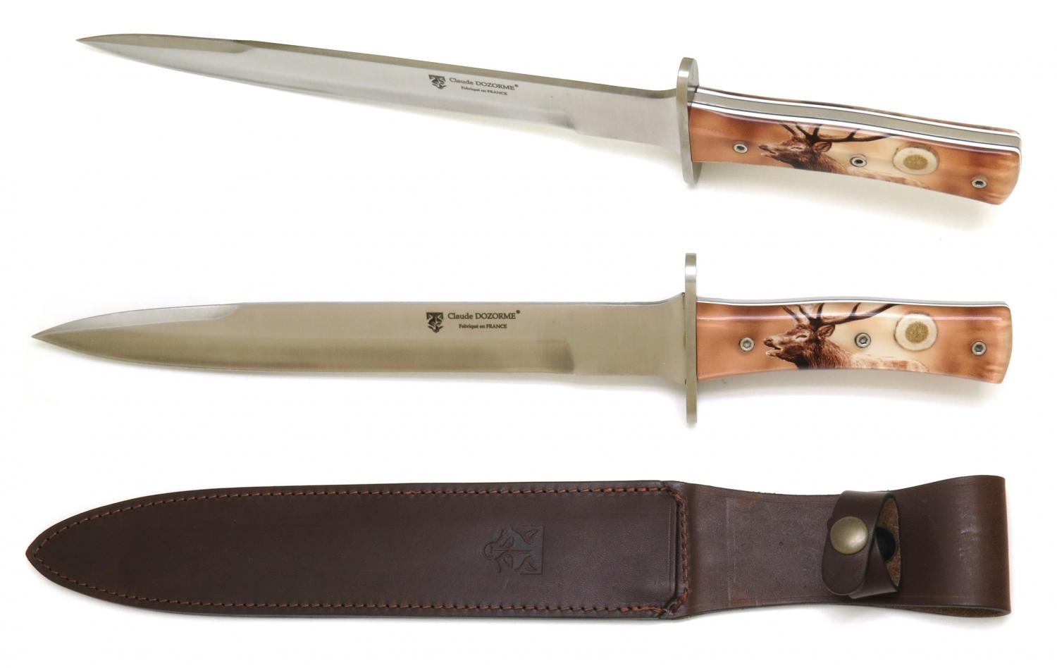 DAGUE DE CHASSE MANCHE AVEC INCRUSTATION CERF AVEC ETUI CUIR