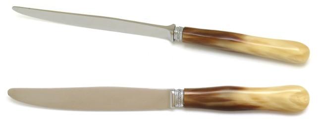 12 COUTEAUX DESSERT EN POINTE DE CORNE MANCHE VIOLON - VIROLE PERLES CHROMEE