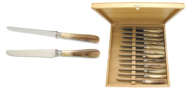 12 COUTEAUX DESSERT TRADITION EN COFFRET CHENE MANCHE EN POINTE DE CORNE - VIROLE VASQUE A GORGES
