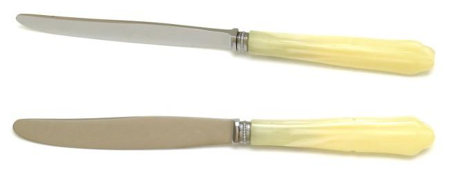 12 COUTEAUX DESSERT MANCHE LOUIS XV FACON CORNE LAME A BOUT ROND - VIROLE PERLES CHROME