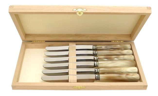 6 COUTEAUX DESSERT EN COFFRET BOIS MANCHE EN POINTE DE CORNE - VIROLE PERLES