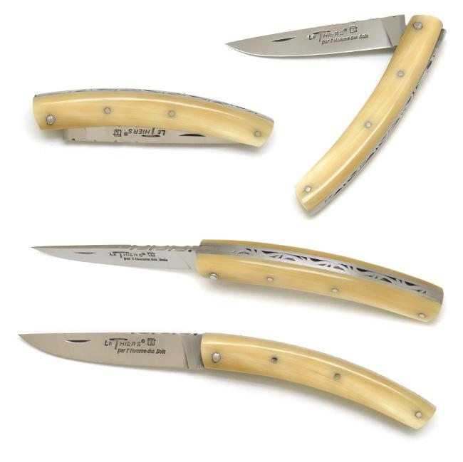 COUTEAU DE POCHE LE THIERS® EN CORNE BLONDE PAR L'HOMME DES BOIS - PLEIN MANCHE- GAMME ELEGANCE