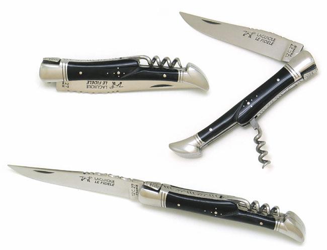 COUTEAU DE POCHE LAGUIOLE EN CORNE  TIRE BOUCHON - 2 MITRES INOX - MANCHE 12 CM