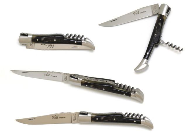 COUTEAU LAGUIOLE TIRE-BOUCHON EN CORNE DE BELIER COUTEAU LAGUIOLE PHIL - 2 MITRES INOX - MANCHE 12 CM
