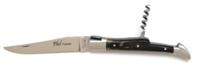 COUTEAU LAGUIOLE TIRE-BOUCHON EN CORNE DE BELIER COUTEAU LAGUIOLE PHIL - 2 MITRES INOX - MANCHE 12 CM