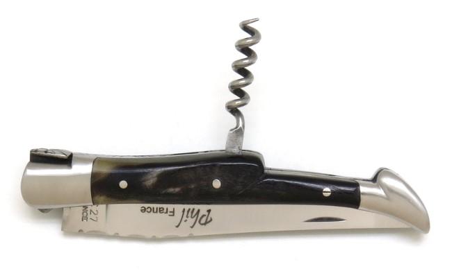 COUTEAU LAGUIOLE TIRE-BOUCHON EN CORNE DE BELIER COUTEAU LAGUIOLE PHIL - 2 MITRES INOX - MANCHE 12 CM