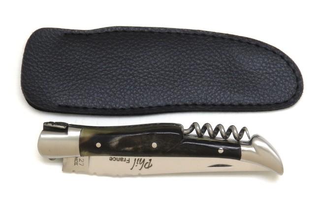COUTEAU LAGUIOLE TIRE-BOUCHON EN CORNE DE BELIER COUTEAU LAGUIOLE PHIL - 2 MITRES INOX - MANCHE 12 CM