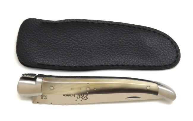 COUTEAU PLIANT LAGUIOLE MANCHE EN POINTE DE CORNE 2 MITRES INOX - MANCHE 13 CM