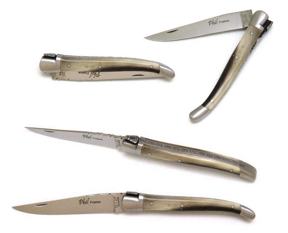 COUTEAU PLIANT LAGUIOLE MANCHE EN POINTE DE CORNE 2 MITRES INOX - MANCHE 13 CM