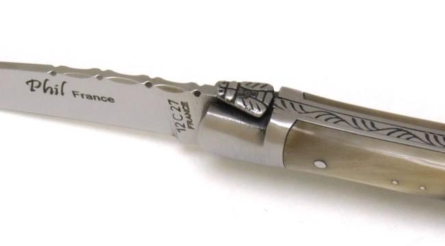 COUTEAU PLIANT LAGUIOLE MANCHE EN POINTE DE CORNE 2 MITRES INOX - MANCHE 13 CM