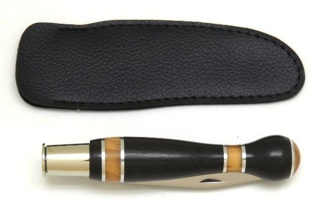 COUTEAU PLIANT NONTRON BOULE MARQUETERIE EBENE OLIVIER ALU N°25 - MANCHE 12 CM EN MARQUETERIE - VIROLE TOURNANTE  MAILLECHORT