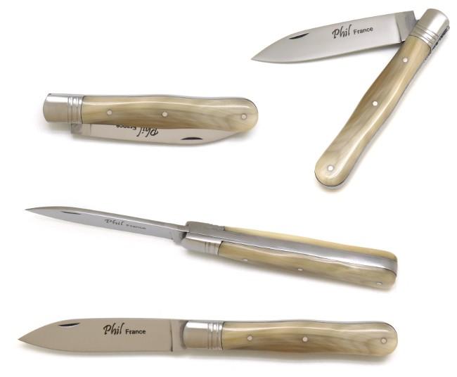 COUTEAU DE POCHE VIOLON EN CORNE BLONDE 1 MITRE - MANCHE 10,5 CM - LAME EN ACIER CARBONE