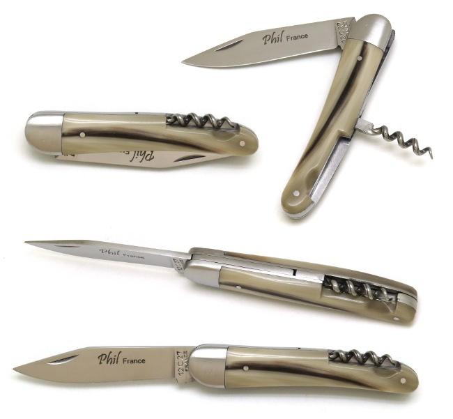 COUTEAU ALSACIEN 2P EN CORNE BLONDE MANCHE 10 CM - AVEC TIRE BOUCHON - LAME INOX