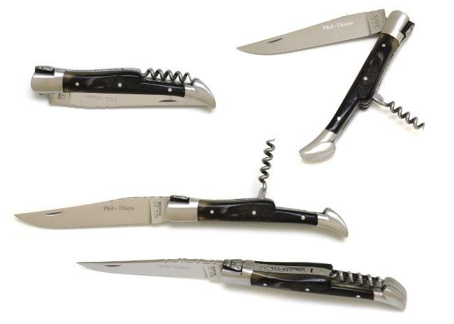 COUTEAU DE POCHE PHIL EN CORNE DE BELIER TIRE BOUCHON - 2 MITRES INOX - MANCHE 12 CM