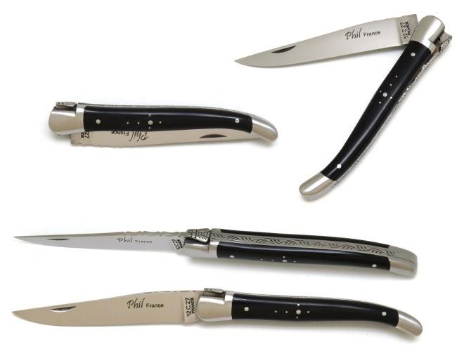 COUTEAU DE POCHE PHIL EN CORNE NOIRE 2 MITRES INOX - MANCHE 13 CM