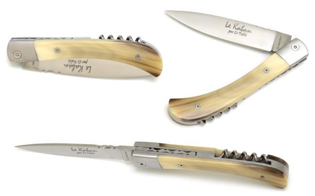 COUTEAU DE POCHE LE KABAN EN POINTE DE CORNE BLONDE 1 MITRE EN INOX - COUTEAU KABAN AVEC TIRE BOUCHON