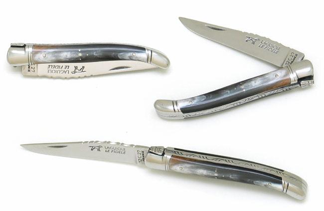 COUTEAU DE POCHE LAGUIOLE EN CORNE GRISE 2 MITRES INOX - MANCHE 11 CM
