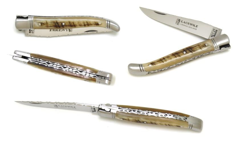 COUTEAU DE POCHE LAGUIOLE EN CORNE DE BELIER 2 MITRES INOX - MANCHE 12 CM - GAMME PRESTIGE
