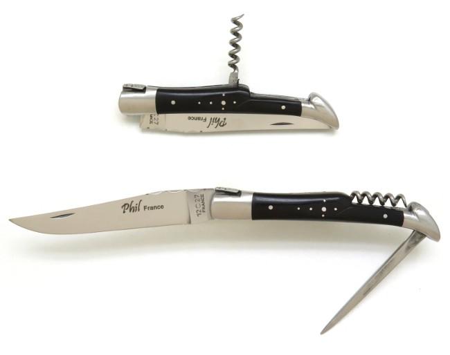 COUTEAU DE POCHE PHIL EN BOIS D' EBENE TIRE BOUCHON POINCON - MITRES INOX - MANCHE 12 CM