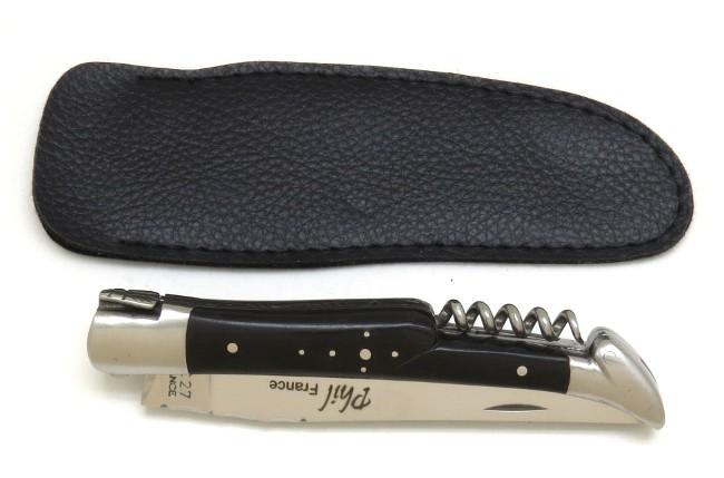 COUTEAU DE POCHE PHIL EN BOIS D' EBENE TIRE BOUCHON POINCON - MITRES INOX - MANCHE 12 CM