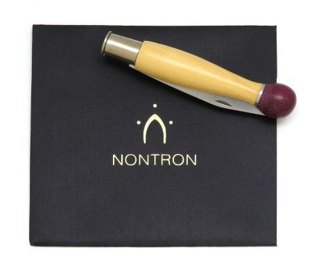 COUTEAU DE POCHE NONTRON MANCHE BOULE EN MARQUETERIE N°25 - MANCHE 12 CM EN AMARANTE ET BUIS - VIROLE TOURNANTE  MAILLECHORT