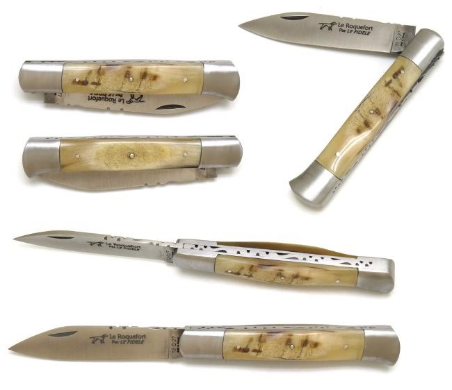 COUTEAU DE POCHE ROQUEFORT EN CORNE DE BELIER MANCHE 11,5 CM - 2 MITRES EN INOX