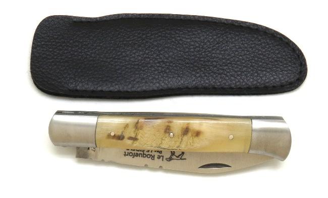 COUTEAU DE POCHE ROQUEFORT EN CORNE DE BELIER MANCHE 11,5 CM - 2 MITRES EN INOX