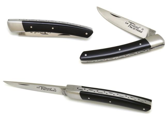 COUTEAU DE POCHE LE THIERS® EN CORNE GRISE MANCHE 11 CM - RESSORT CISELE MAIN