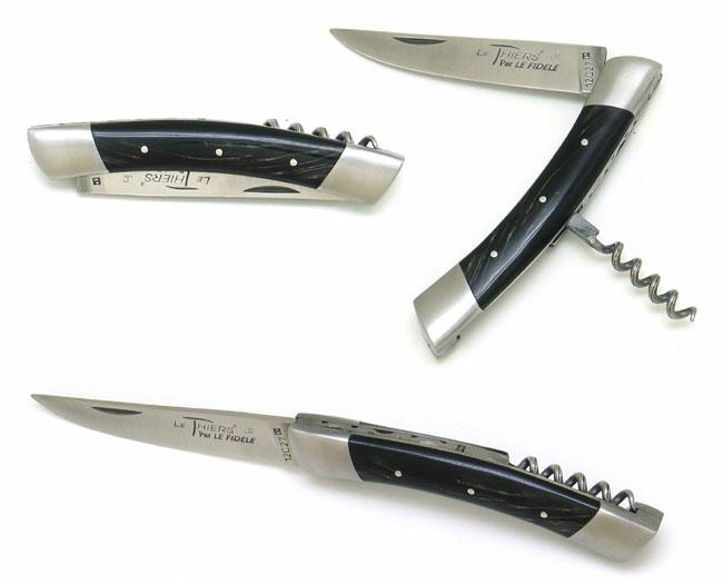COUTEAU DE POCHE LE THIERS® EN CORNE GRISE TIRE BOUCHON - 2 MITRES INOX - MANCHE 11 CM