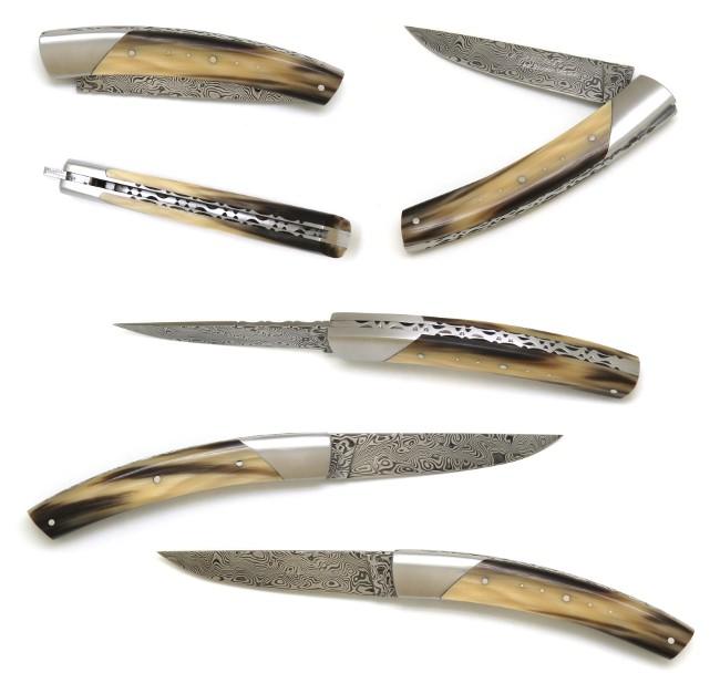 COUTEAU LE THIERS® EN POINTE DE CORNE BLONDE 1 MITRE EN INOX - LAME DAMAS