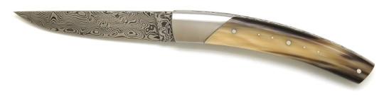 Couteau pliant le thiers® lame damas en pointe de corne blonde