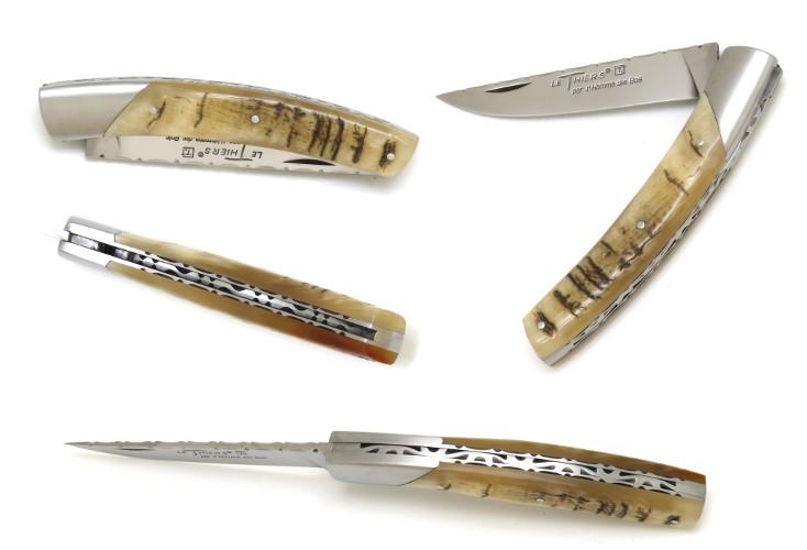 COUTEAU DE POCHE LE THIERS® EN CORNE DE BELIER PAR L'HOMME DES BOIS - 1 MITRE INOX - TOUT CISELE MAIN