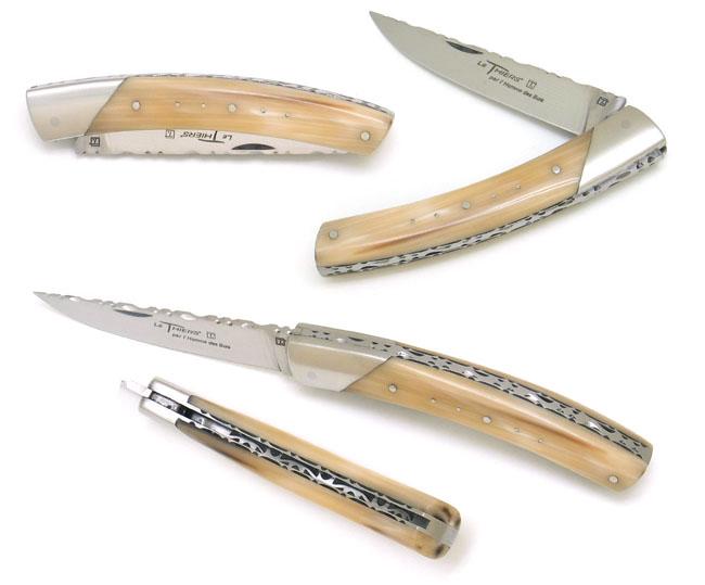 COUTEAU DE POCHE LE THIERS® EN CORNE BLONDE PAR L'HOMME DES BOIS - 1 MITRE INOX - TOUT CISELE MAIN