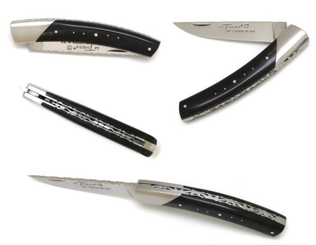 COUTEAU DE POCHE LE THIERS® EN CORNE NOIRE  PAR L'HOMME DES BOIS - 1 MITRE INOX - TOUT CISELE MAIN