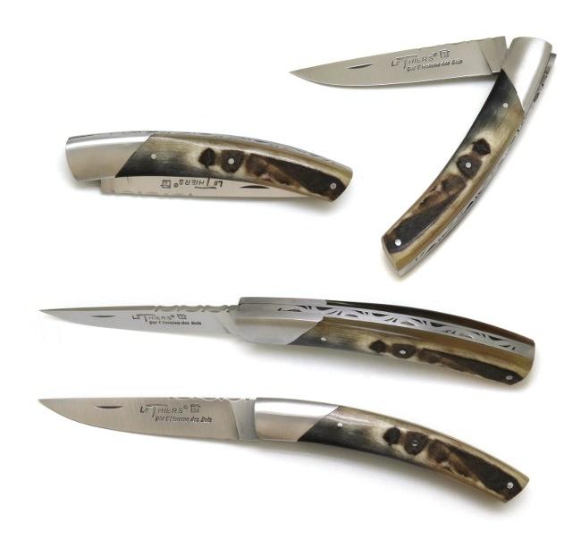 COUTEAU DE POCHE LE THIERS® EN CORNE DE BELIER FONCEE PAR L'HOMME DES BOIS - 1 MITRE INOX