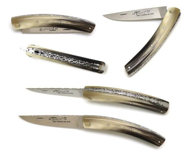 COUTEAU DE POCHE LE THIERS® EN CORNE BLONDE TOUT CISELE - PLEIN MANCHE 11,5 CM