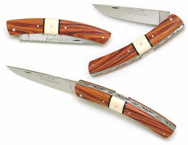 COUTEAU LE THIERS® PLEIN MANCHE EN BOIS DE ROSE   AVEC BARRETTE EN OS ET FILET EN EBENE