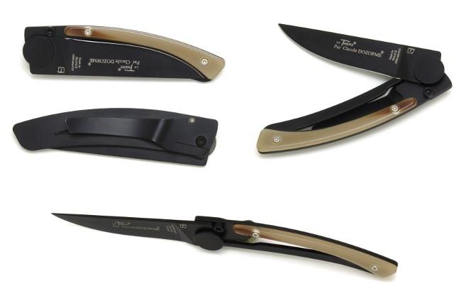 COUTEAU LE THIERS® NOIR HABILLAGE CORNE BLONDE LINER LOCK - LAME NOIRE - AVEC CLIP CEINTURE