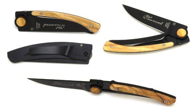 COUTEAU LE THIERS® NOIR HABILLAGE OLIVIER LINER LOCK - LAME NOIRE - AVEC CLIP CEINTURE