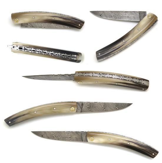 COUTEAU LE THIERS® EN POINTE DE CORNE BLONDE PLEIN MANCHE - LAME DAMAS
